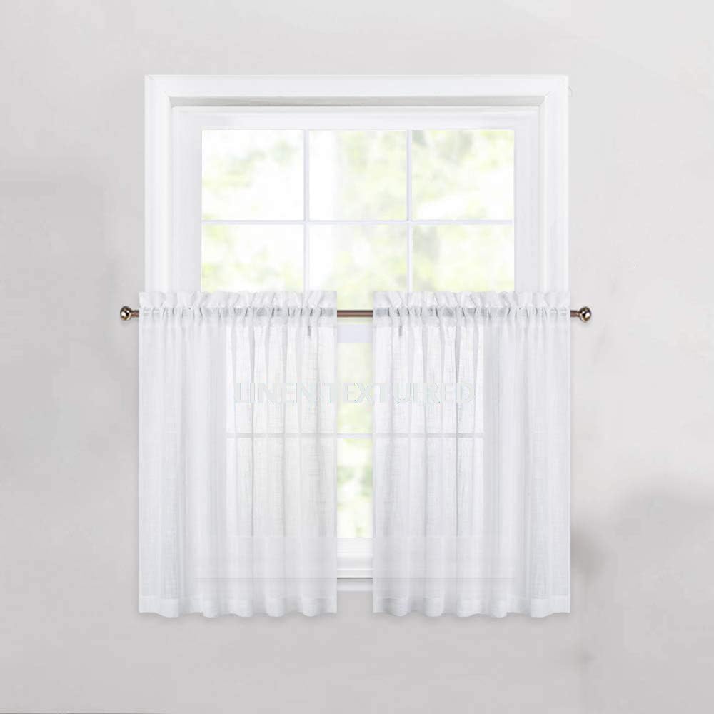 Cozynight White Sheer Tier Curtains, 36 Inch Length Linen Curtain Sheers for Kitchen, Bathroom, Cafe - 2 Panels