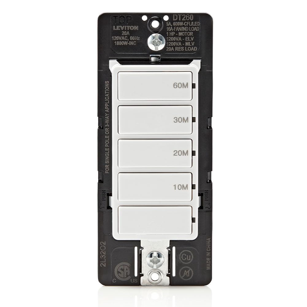 Leviton Countdown Timer Switch for bathroom fan and household lights, 5-10-15-30 min, No Neutral Required, Single Pole, 15A, 1/2 HP/9.8A Fan/Motor, DT130-1LW, White