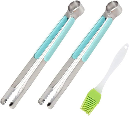 HANSA 2PCS Blue Color Stainless Steel Food Ice Tongs, 9 Inch BBQ Baking Utensils with ABS Handle & Silicone Brush
