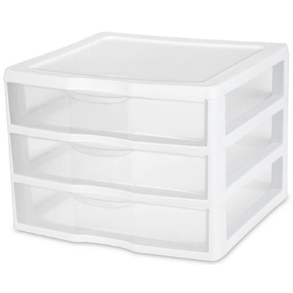 Sterilite 12-Pack Wide 3 Drawer Unit, Plastic Desktop Organizer with Clear Drawers, White Frame - Stackable Multi-Purpose Storage for Office Supplies, Craft Rooms, Classrooms and Home Organization