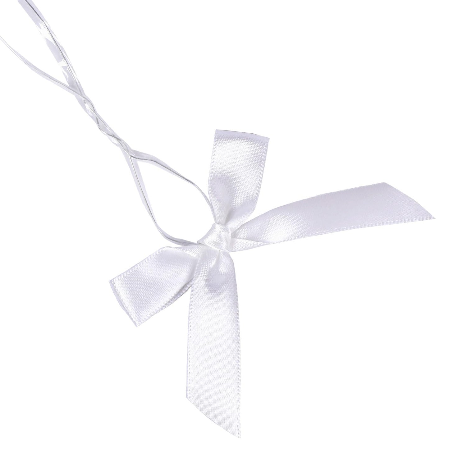 BeiLeiNiceHK 100 Pack White Twist Tie Bow, Pre Tied Bows,Christmas Satin Twist Tie Bows for Treat Bags,Packaging Bows for Candies and Apples, Pretied Ribbon Bows for DIY Decorations,Treat Bows