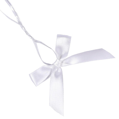 BeiLeiNiceHK 100 Pack White Twist Tie Bow, Pre Tied Bows,Christmas Satin Twist Tie Bows for Treat Bags,Packaging Bows for Candies and Apples, Pretied Ribbon Bows for DIY Decorations,Treat Bows