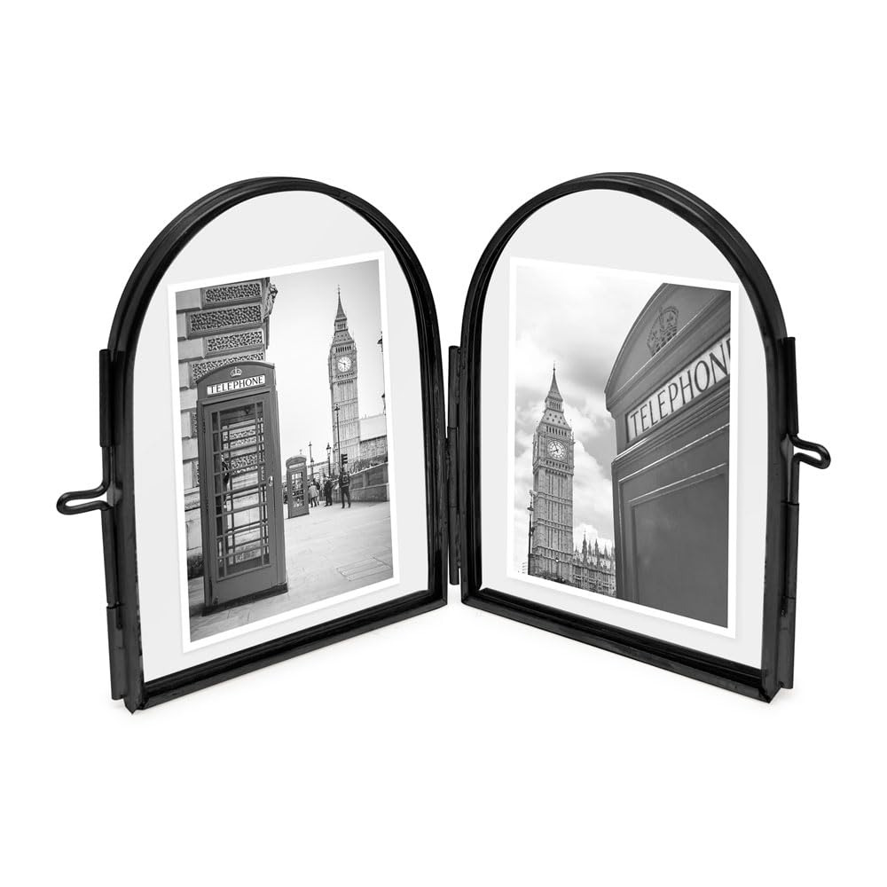 Isaac Jacobs 2x3 Vintage Style, Double-Sided Arched Brass & Glass Metal Floating Picture Frame with Locket Closure (Vertical), Made for Tabletop Display (2x3 Vertical, Black)