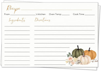 Autumn Fall Recipe Cards with Pumpkins, 4x6 Printed with Lines (50 Count)