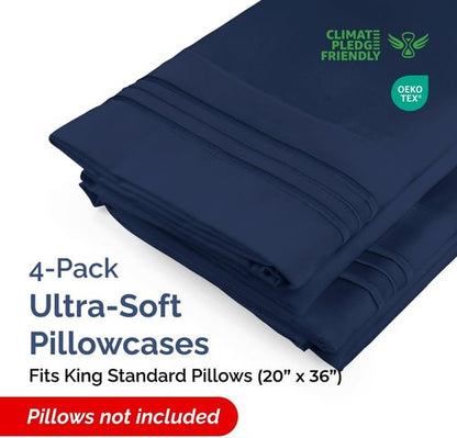 King Standard Pillow Cases - Soft Hotel Quality Pillowcase Covers | 4-Piece Set in Navy Blue - Machine Washable