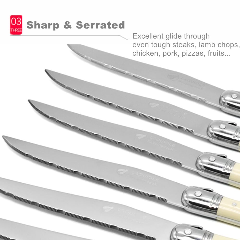 KeepingcooX® Laguiol-style Steak Knife, Ivory Handle, Serrated Blade, Stainless Steel Dinnerware/Tableware/Flatware/Cutlery Set of 6, Gift Box, Reputable Global Manufacturer with Certificate