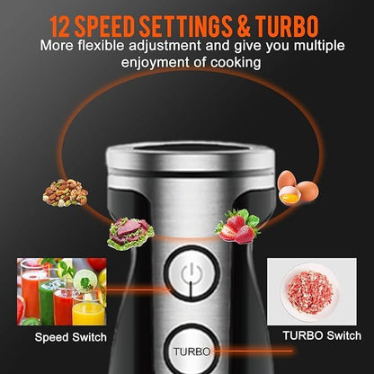 MegaWise Handheld Blender, 12-Speed Stainless Steel Electric Immersion Blender, 5 in 1, Titanium Blades, 600ml Beaker,