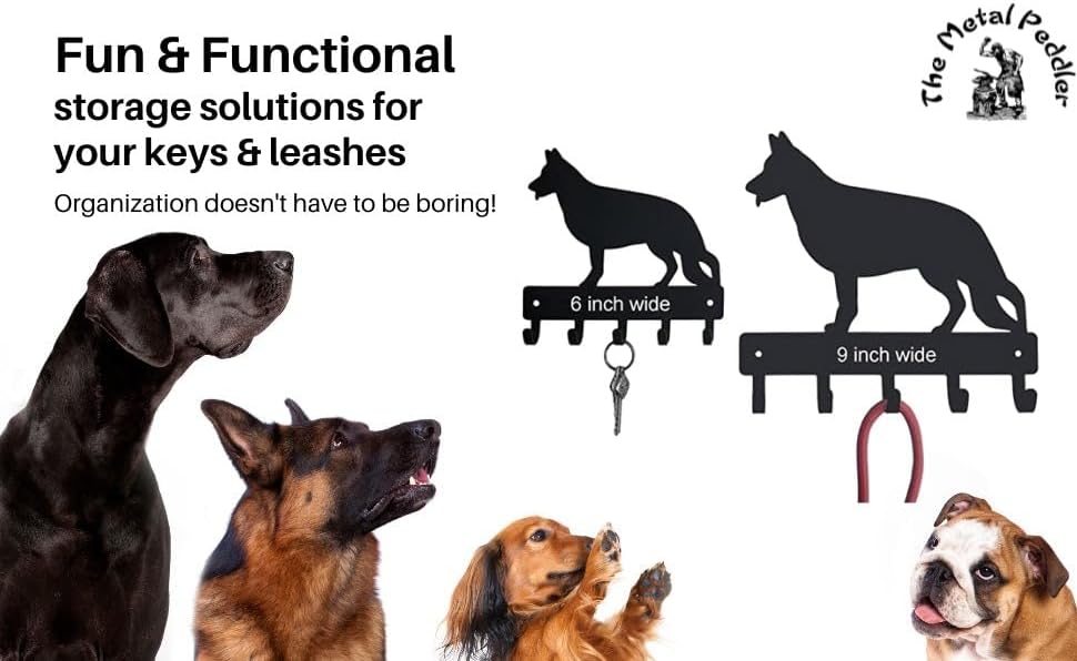 French Bull Dog Leash Hanger & Key Holder for Wall, Large 9 Inch Wide with 5 Hooks, Made in USA