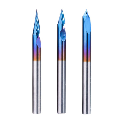FoxAlien 3pcs 20/30/60 Deg 0.1mm 2-Flute Spiral Engraving V-Bit Set for Wood Carving Milling, 1/8” Shank CNC Router Bits, Nano Blue Coating Carving Bit for Wood MDF Lettering Sign Making