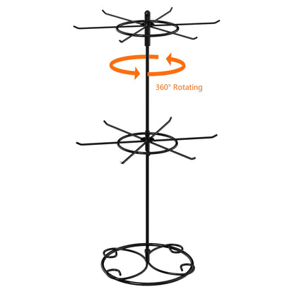 JHJFRAWY Jewelry Stand Organizer, 2-Tier Rotating Necklace Organizer, Spinning Jewelry Keychain Display Tree with 12 Hooks, Easy Assembly for Bedroom and Retail, Black