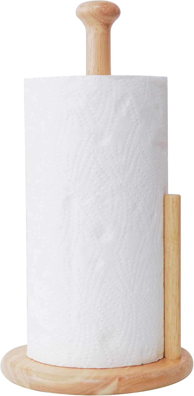 Paper Towel Holder, Large Base Dia 7" Wooden Natural Color Stand for Kitchen Bathroom, ZJ281Y