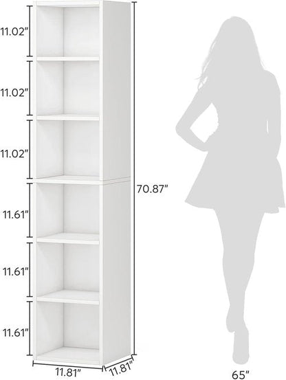 Little Tree 70.9-Inch Tall Narrow Bookcase - 6-Tier Corner Shelf Storage Organizer in White