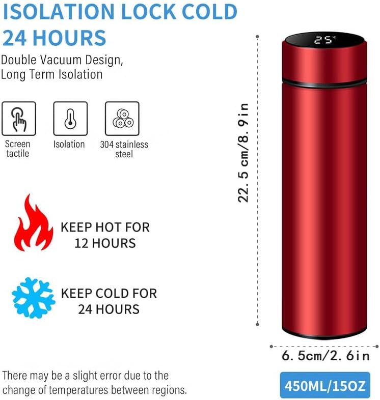 Smart Water Bottle, Stainless Steel Vacuum Flask Travel Mug with LCD Touch Screen, Insulated for Hot or Cold, Red