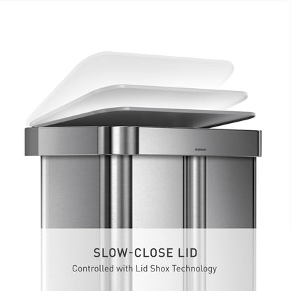 simplehuman 58 Liter / 15.3 Gallon Rectangular Dual Compartment Recycling Step, Brushed Stainless Steel with Soft-Close Plastic Lid Kitchen Trash Can