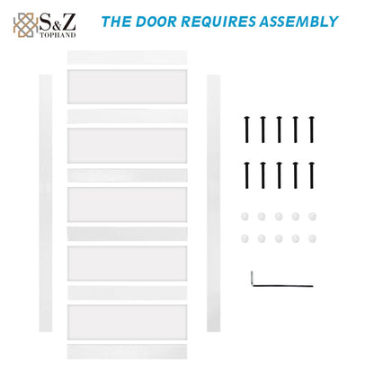S&Z TOPHAND® 30 in x 96 in Glass Sliding MDF Barn Door with 5FT Sliding Door Hardware Kit, 5 Tempered Frosted Glass, Slab Inside Covered with Water-Proof PVC Surface, Simple DIY Assembly