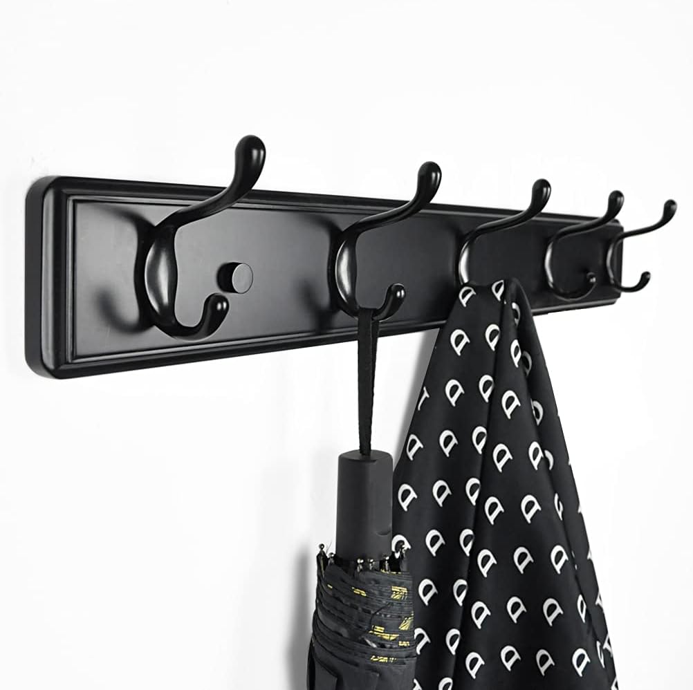 Wooden Coat Rack, Wall-Mounted Organizer for Closet, Entryway, Heavy Duty Double Hooks for Hanging Towels, Black