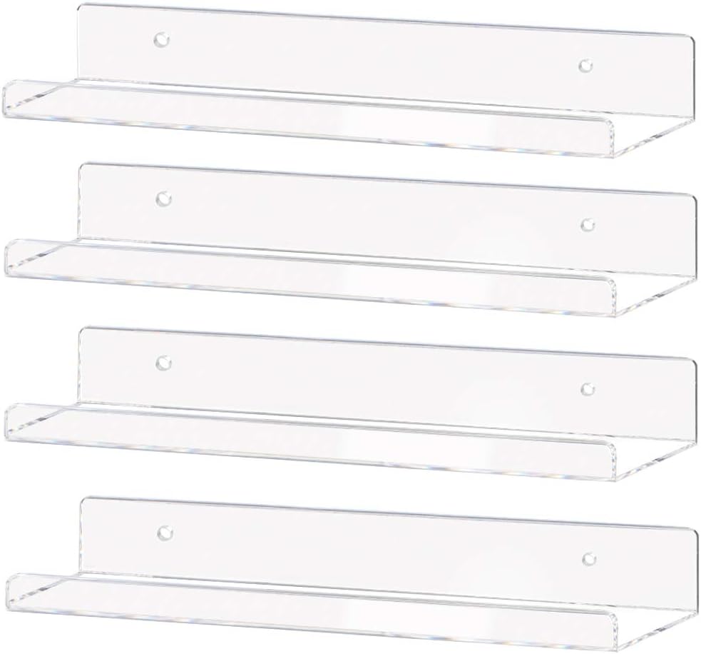 15" (15 Inch 4Pack) Weiai Clear Acrylic Shelf Invisible Floating Wall Ledge Bookshelf, Kids Book Display Shelves Wall