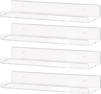 15" (15 Inch 4Pack) Weiai Clear Acrylic Shelf Invisible Floating Wall Ledge Bookshelf, Kids Book Display Shelves Wall