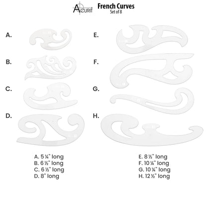 Acurit French Curve Set of 8 – Clear Plastic Drawing Templates for Sewing, Pattern Making, Drafting, Fashion Design, Architecture, Graphic Illustration – Smudge-Free Inking Edges