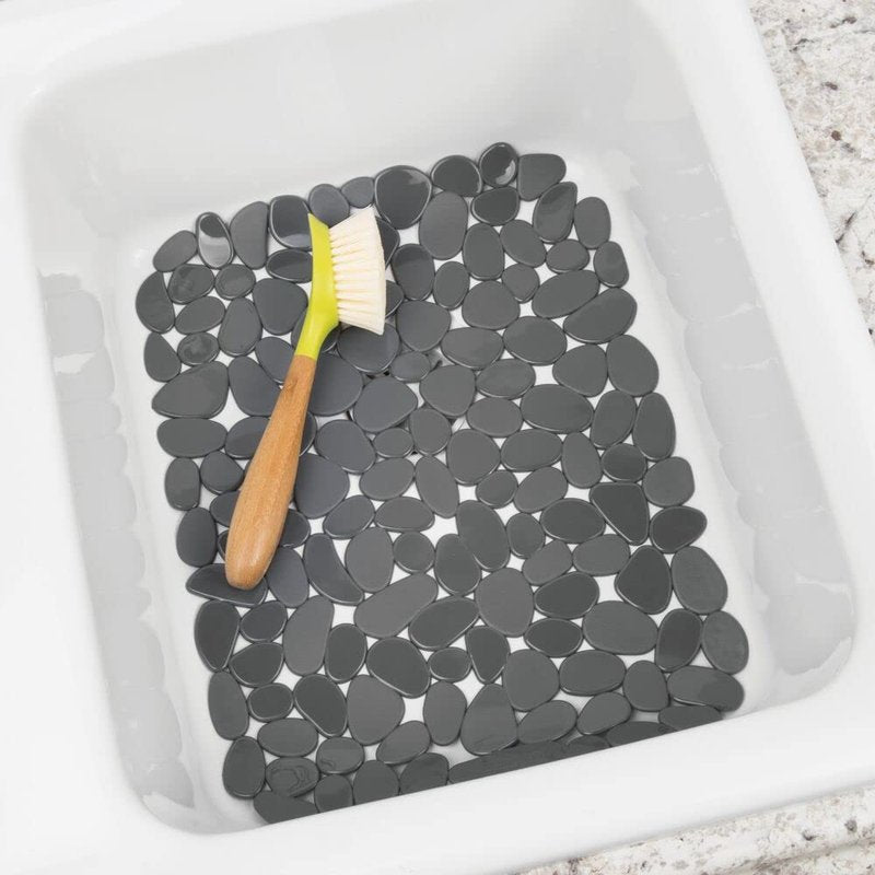 mDesign Adjustable Kitchen Sink Dish Drying Mat/Grid - Soft Plastic Sink Protector, Cushions Sinks, Dishes - Quick Draining Pebble Design - Includes 1 Saddle, 2 Large Mats - Set of 3 - Charcoal Gray