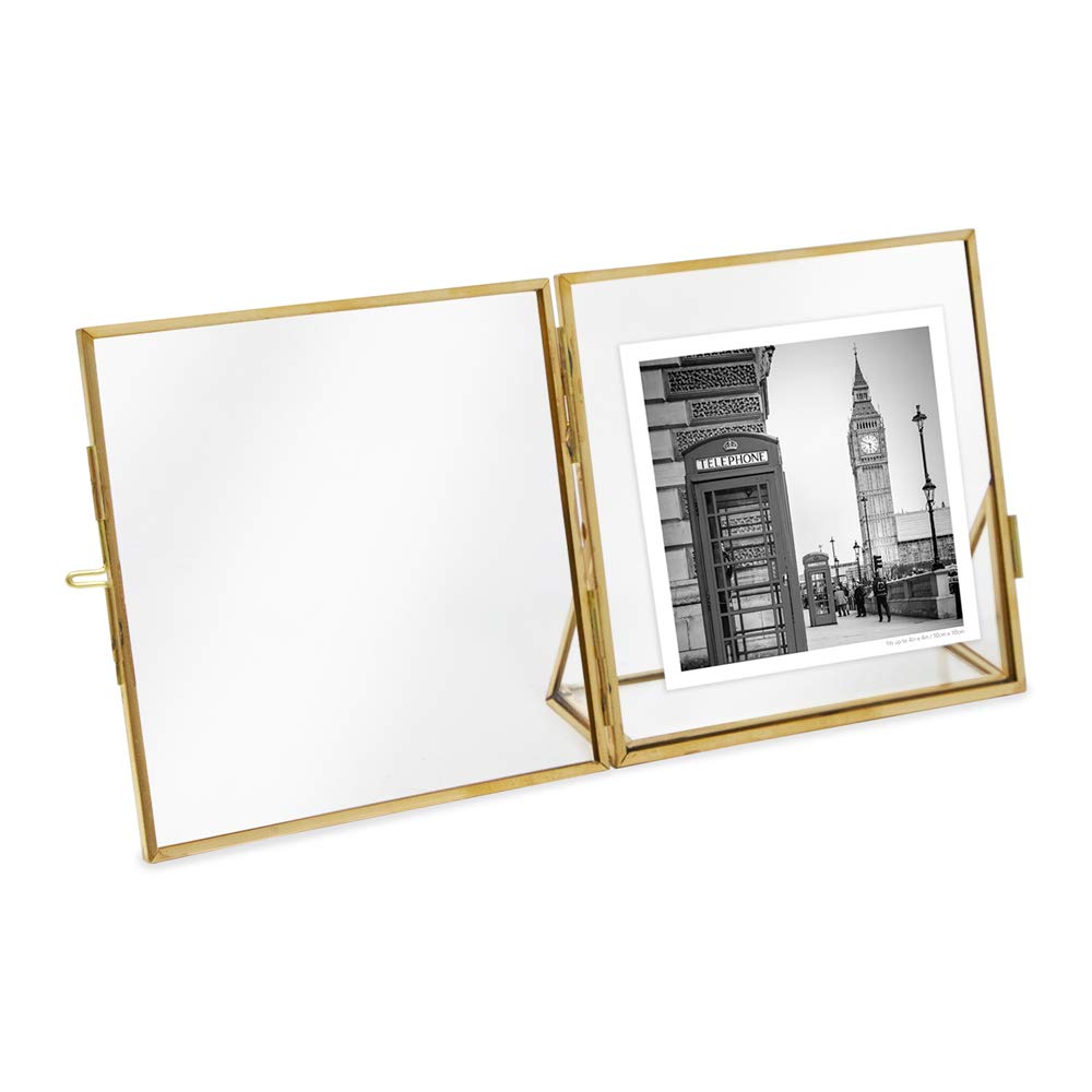 Isaac Jacobs 4x4, Antique Gold, Vintage Style Brass and Glass, Floating Photo Frame, Metal, with Locket Closure and Angled Base, for Pictures, Art, Mementos, Keepsakes (4x4, Antique Gold)