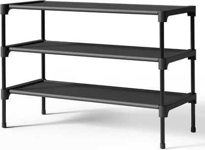Non-Woven Shoe Rack by [Brand Name] - Stackable 3-Tier Organizer for Closet & Entryway - Black