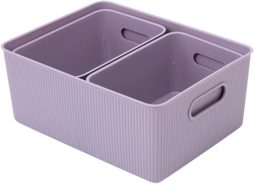 Superio Ribbed Collection - Decorative Plastic Open Home Storage Bins Organizer Baskets, Lilac Purple (Set of 3) 1