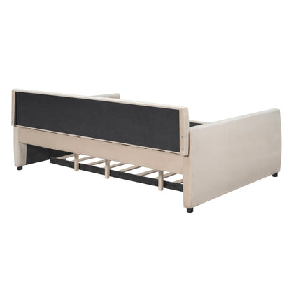 Favfurish Velvet Upholstered Full Size Daybed with Trundle, Solid Wooden Sofa Bed Frame w/Vertical Stripes Designed Backrest and Pine Legs, No Box Spring Needed