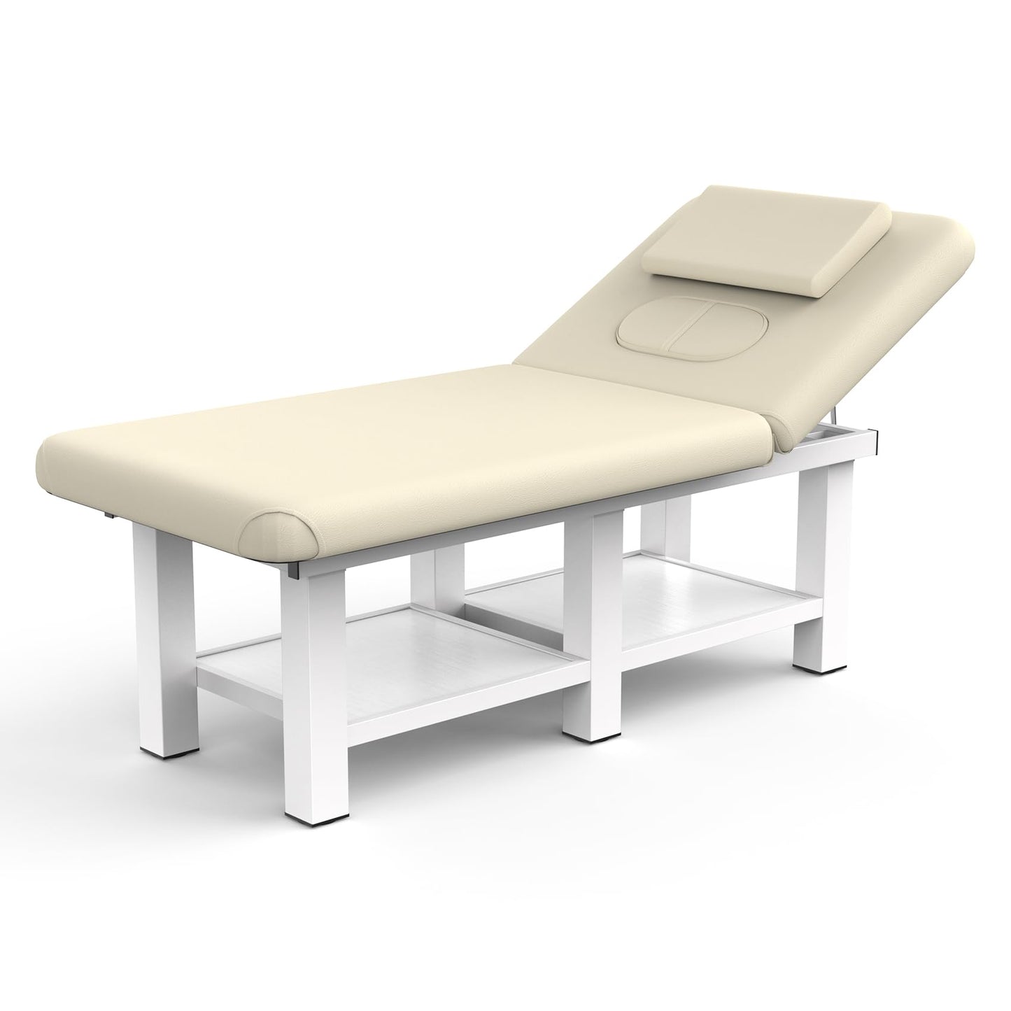 pouseayar Stationary Massage Table, 75”L 31.5''W Heavy Duty Esthetician Bed, 800LBS Metal Frame PU Leather Physical Therapy Table Spa Lash Bed Professional Equipment (Beige Grey)