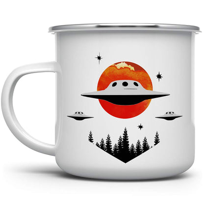 UFO Alien Extraterrestrial Enamel Campfire Mug, Outdoor Camping Coffee Cup, 12oz Gift for Camp Lovers