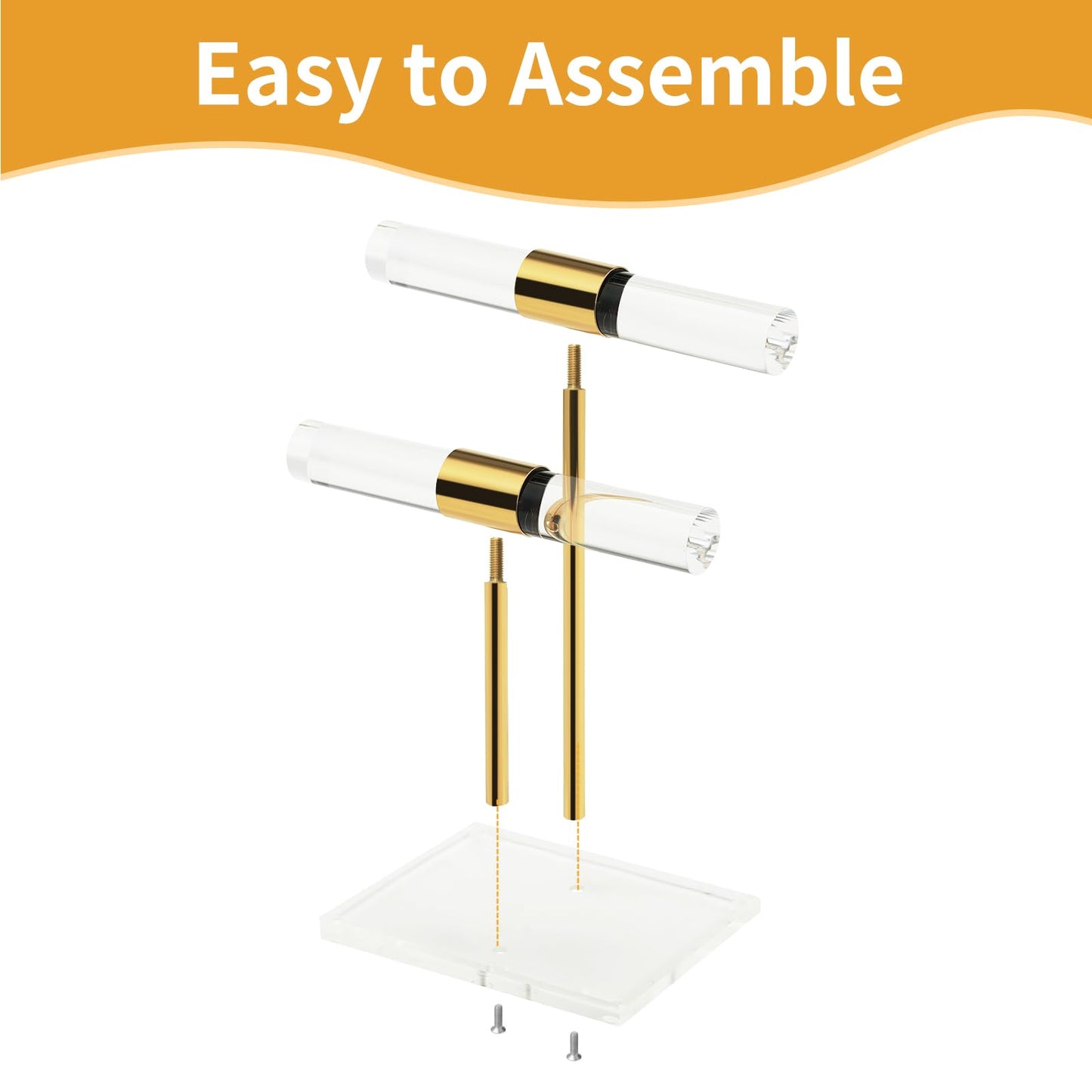 SHUNKAIZS 2 Tier Acrylic Bracelet Holder, Clear Gold T-Bar Jewelry Display Stand, Tangle-free Necklace Stand, Heavy Duty Jewelry Organizer Rack for Retail Store Vendors Counter Home