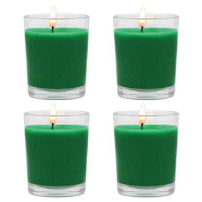 Set of 4 Green Votive Candles for Christmas and St. Patrick's Day, Clear Glass Filled Unscented Soy Wax Candle for Spring Home Decoration and DIY