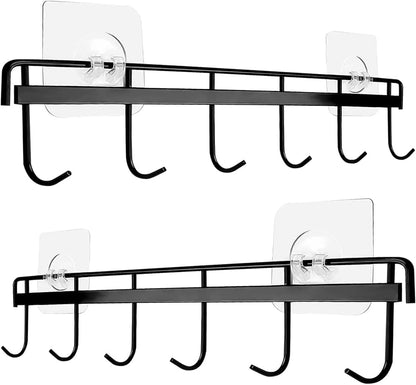 2Pcs Kitchen Utility Hooks - Wall Mount Utensil Rack with 6 Hooks, Space Saving Kitchen Holder (Black)