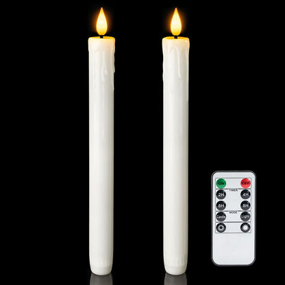 Homemory Real Wax Flameless Taper Candles with Remote Timer, 9.6 Inches White LED Flameless Candlesticks, Dripless Battery Operated Window Candles Flickering Pack of 2 for Fireplace Xmas Halloween