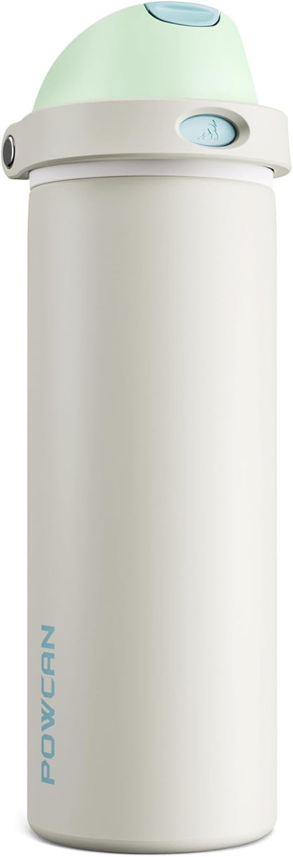24 oz 2-in-1 24 POWCAN Steel Insulated Water Bottle: Push-Button Spout & Flip Straw Lid, Leakproof, Cold Hrs, Fits Car