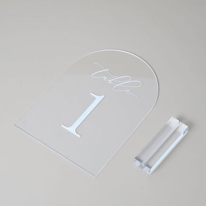 JINMURY Clear Arch Table Numbers for Wedding, 5x7 Inch Arched Acrylic Table Numbers 1-20 with Stands, Clear Acrylic Arch Sign with Holder for Centerpiece, Reception, Wedding, Party, Event