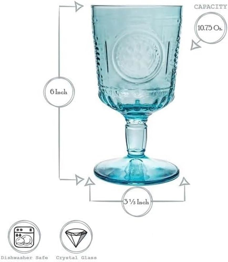 Bormioli Rocco Set of 4 Romantic Stemware Glasses, 10.75 Oz. Colored Crystal Glass, Light Blue, Made in Italy