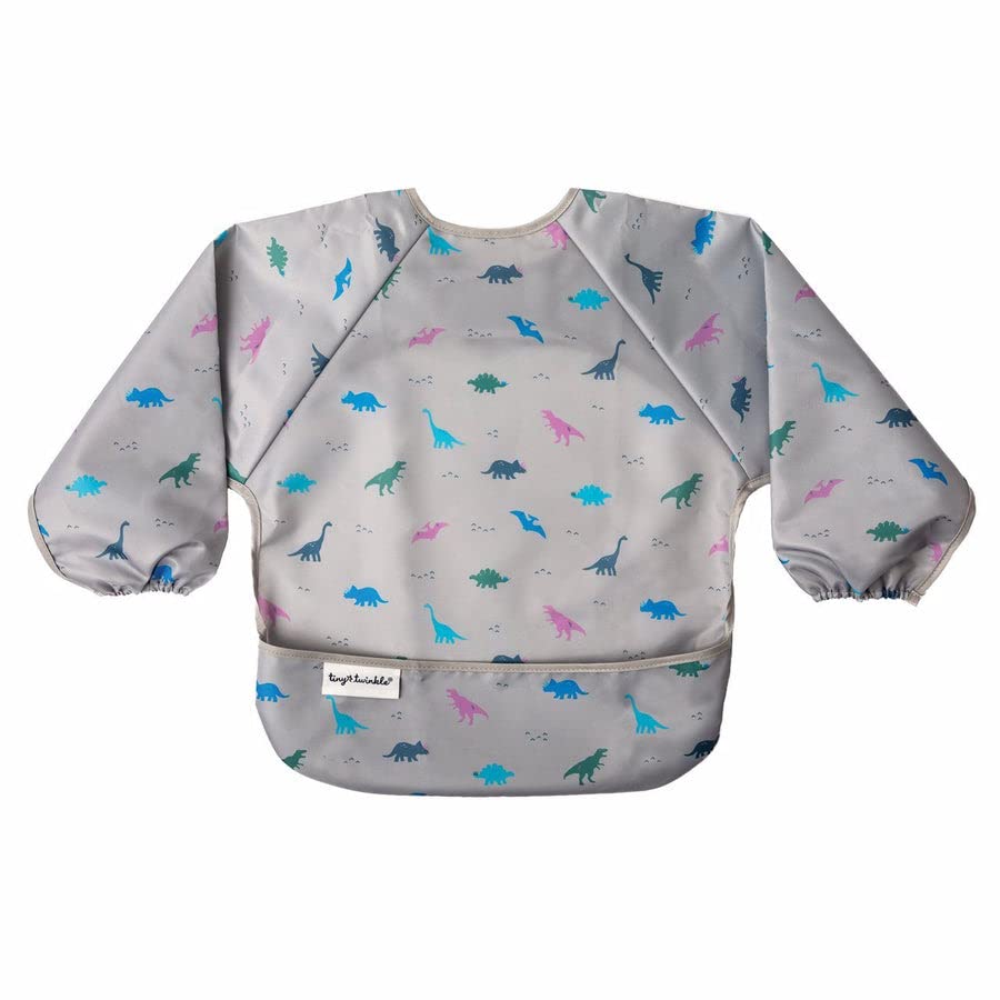 Tiny Twinkle Mess Proof Baby Bib,Waterproof Smock Baby Bib for Eating,Machine Washable Long Sleeve Bib,Baby Led Weaning,Toddler Bib,BLW Supplies(Dinosaur, Small 6-24 Months)