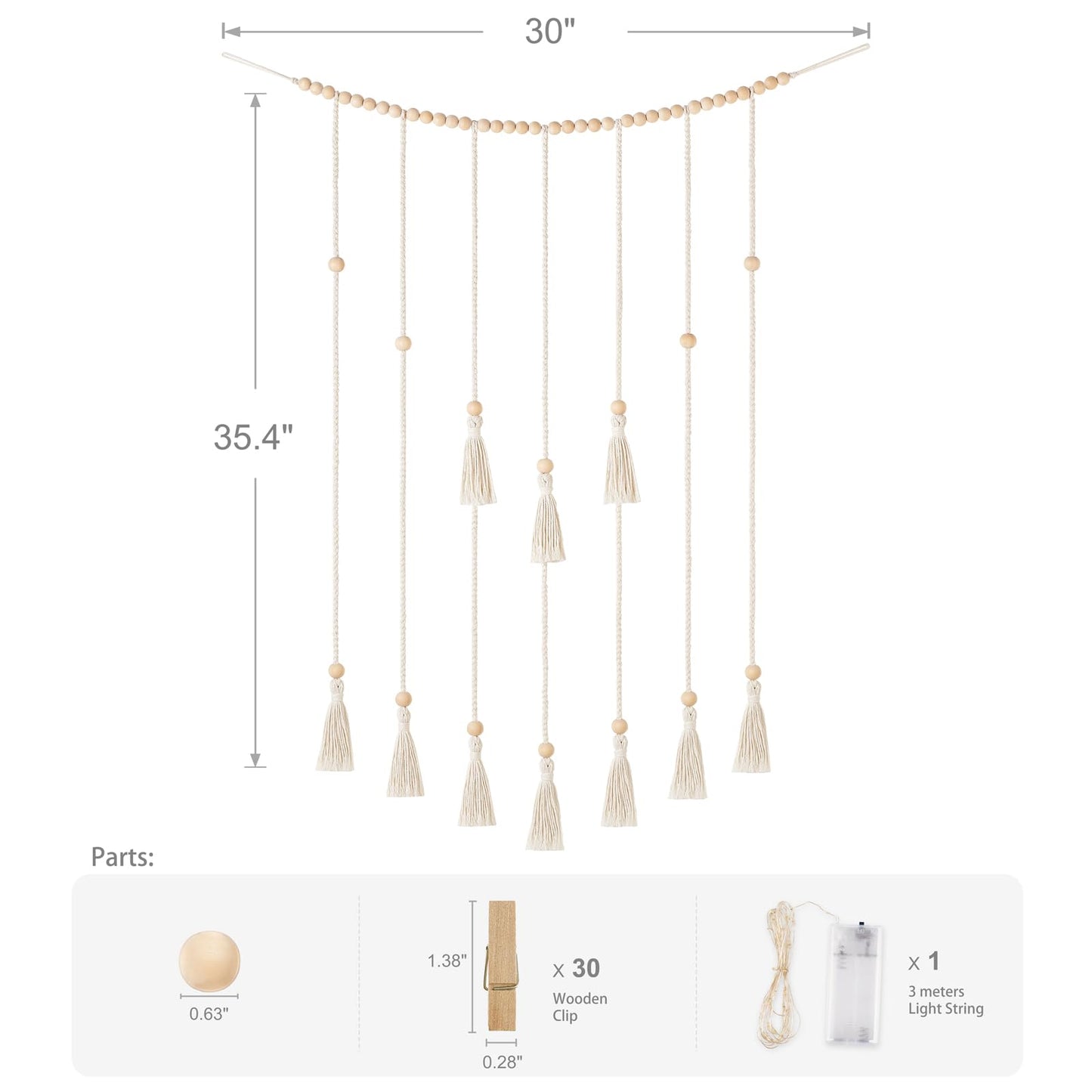 Mkono Macrame Hanging Photo Display Wall Decor with String Lights Boho Room Bedroom Wooden Beads Garland Picture Greeting Cards Holder with 30 Clips