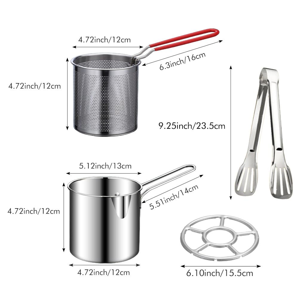 Deep Fryer Pot with Basket and Handle, Stainless Steel Frying Pan Mini Fryer Soup Pot with Tongs and Lid Japanese Tempura Fryer Deep Fryers Frying Pot for Fish Shrimp Chicken and Fries