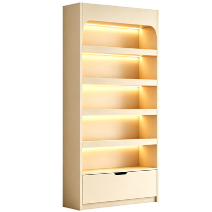 VGRDROK Retail Display Cabinet, Wooden Perfume & Cosmetic Display Shelf with Drawer, Freestanding Display Case for Beauty Salon, Boutique Store Khaki-0.63" Side Panel(with LED Strip) 39.4"