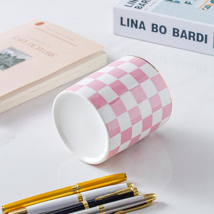 YOSCO Ceramic Checkered Pen Holder For Desk Cute Stand Gold Line Pencil Cup Pot Desk Organizer Makeup Brush Holder for Girls,Women (Pink-white)