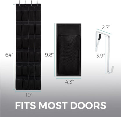 HOME GENIE Over the Door Hanging Shoe Organizer, 2 Pack - 24 Breathable Mesh Pockets, Black Closet Rack Storage