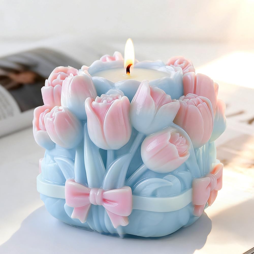 3D Tulip Bouquet Flower Silicone Mold for Scented Candles Handmade Soap Making Tulip Bouquets Cylinder Flower Molds Silicone Candle Molds for Candle Making Supplies Floral Decor Plaster Resin Mold