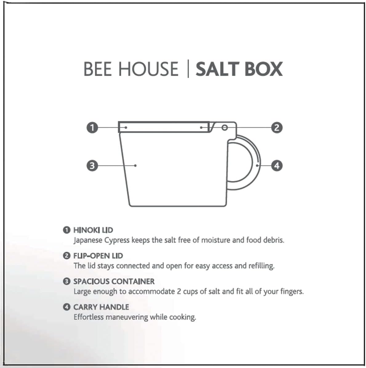 Countertop 16 oz Zero Japan Bee House Premium Salt Box with Hinoki Lid - Container for Sea Salt, and Spices - Elegant