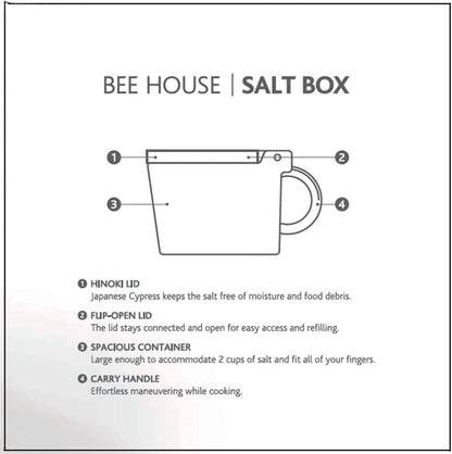 Countertop 16 oz Zero Japan Bee House Premium Salt Box with Hinoki Lid - Container for Sea Salt, and Spices - Elegant