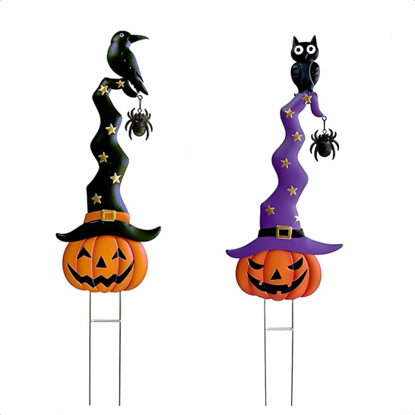 2 Pack Halloween/Thanksgiving Garden Decorations, Metal Jack-O-Lantern Stakes with Witch Hats, Scary Yard Sign Outdoor Lawn Decor, Metal Pumpkin Outdoor Halloween Yard Signs
