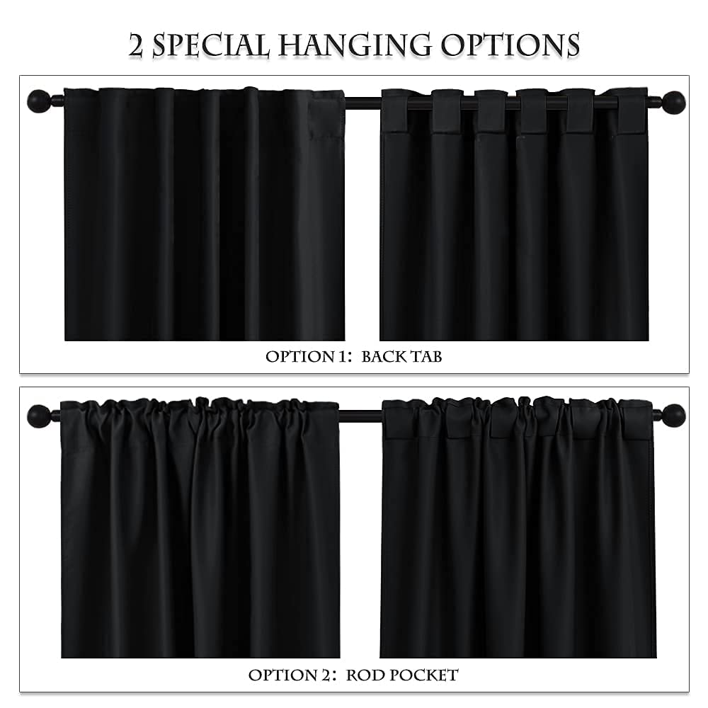 PONY DANCE Short Blackout Curtains 45 inch Long - Thermal Insulated Black Curtains for Bathroom/Kitchen/Bedroom, 42 Wide by 45 Inches Length, Black, 2 Panels