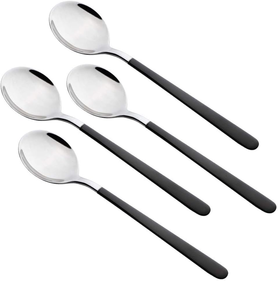 4-Piece Stainless Steel Dinner Spoons, 8 inches Comfort Long Handle, Mirror Polished Flatware, Dishwasher Safe (Black)