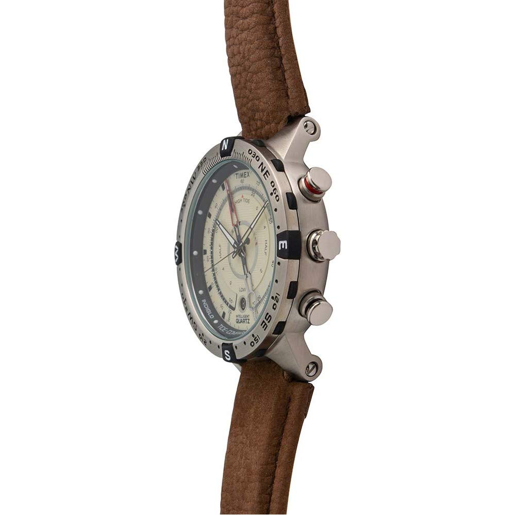 Timex Men's T2N721 Intelligent Quartz Compass Tide Temperature Silver Case Brown Strap Watch